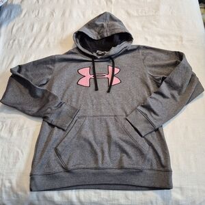 Under Armour women's size Large gray hoodie pink logo, front pocket VGUC